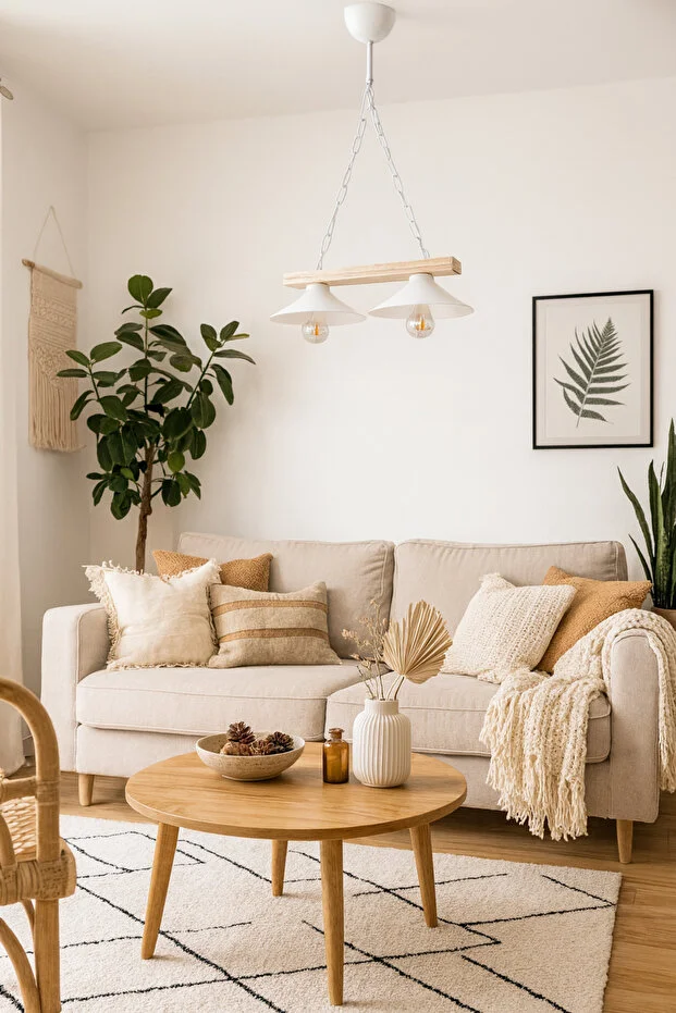 Şapkalı Ahşap Sıralı Salon Avizesi 2'li Beyaz